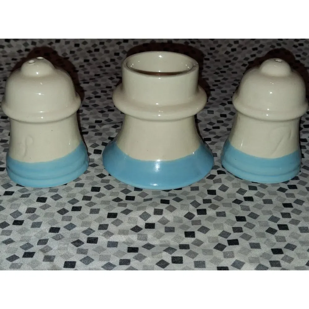 Vintage Blue and White Salt & Pepper Shakers w/ Apple Pattern and Candle Holder